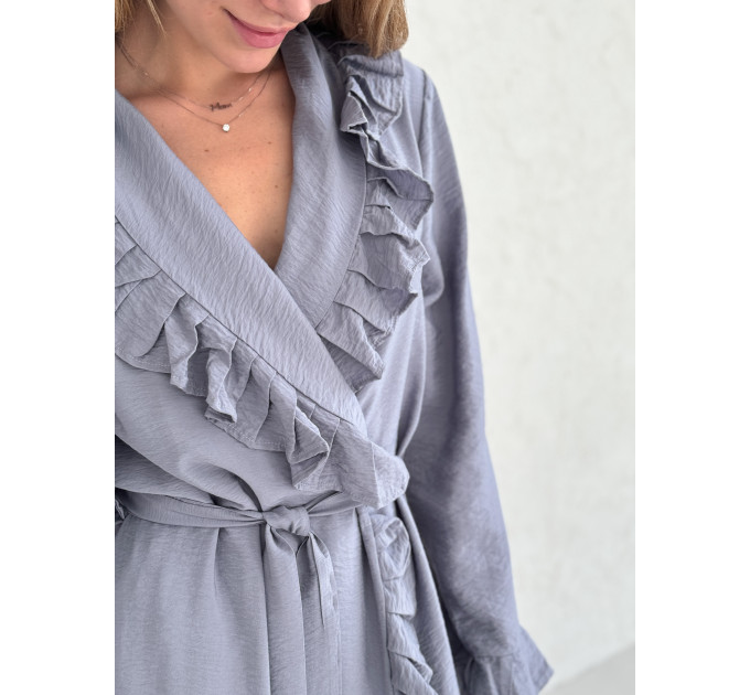 Gray viscose robe with ruffles 