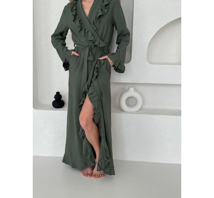 Olive viscose robe with ruffles 